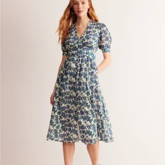 Boden Elsa Crinkle Midi Tea Dress Surf The Web Paisley Wave Pockets US 10 NEW - Picture 1 of 14